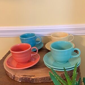 Fiestaware , Persimmon, Turquoise, Sea Mist Green, and Yellow Cup and Saucer Set